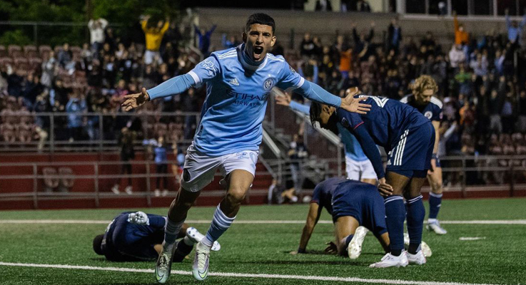 Santiago Rodriguez of NYCFC celebrates after scoring a goal against the New England Revolution in the Fifth Round of the 2022 US Open Cup. Photo: NYCFC