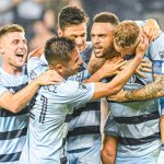 Players from Sporting Kansas City celebrate after scoring a goal against FC Dallas in the Fourth Round of the 2022 US Open Cup. Photo: Sporting KC
