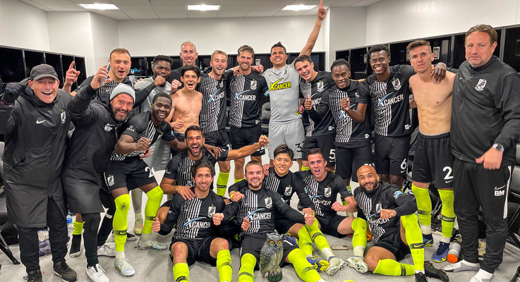 Union Omaha celebrate in the locker room after a 2-1 upset win over Minnesota United FC in the Fifth Round of the 2022 US Open Cup. Photo: Union Omaha