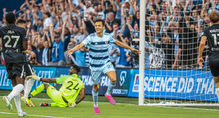 Daniel Salloi of Sporting KC celebrates after scoring a goal against Union Omaha in the Quarterfinals of the 2022 US Open Cup. Photo: Sporting KC