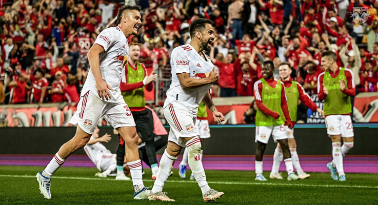 Luquinhas of New York Red Bulls celebrates his 70th minute goal against NYCFC in the Quarterfinals of the 2022 US Open Cup. Photo: New York Red Bulls