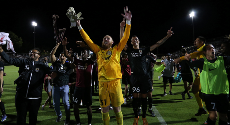 Sacramento Republic FC players celebrate after defeating Sporting KC 5-4 in a PK shootout (after a scoreless draw) in the 2022 US Open Cup Semifinals. Photo: Sacramento Republic FC