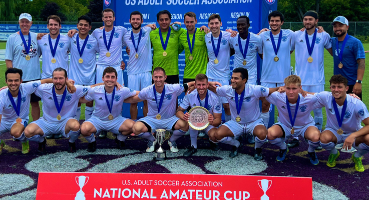 Bavarian United celebrate the club's 2022 USASA Amatuer Cup title after a 1-0 win over Northern Virginia FC on Aug. 7, 2022. Photo: Bavarian United
