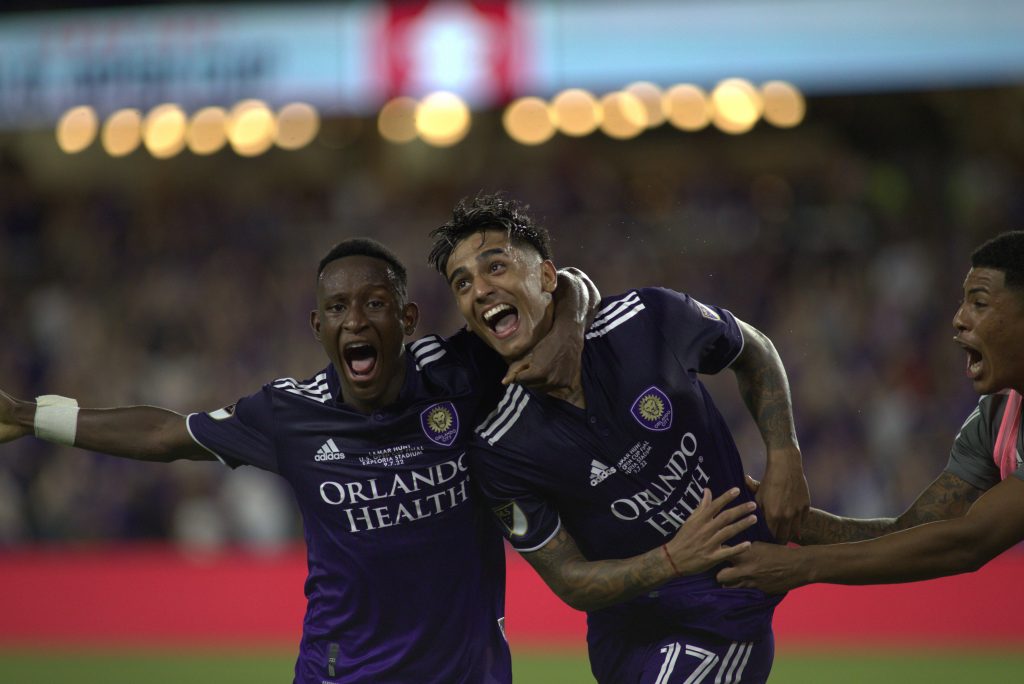 Ivan Angulo (left) and Facundo Torres of Orlando City SC celebrate during the club's 3-0 win over Sacramento Republic FC in the 2022 US Open Cup. Photo Credit: Luis Corazon