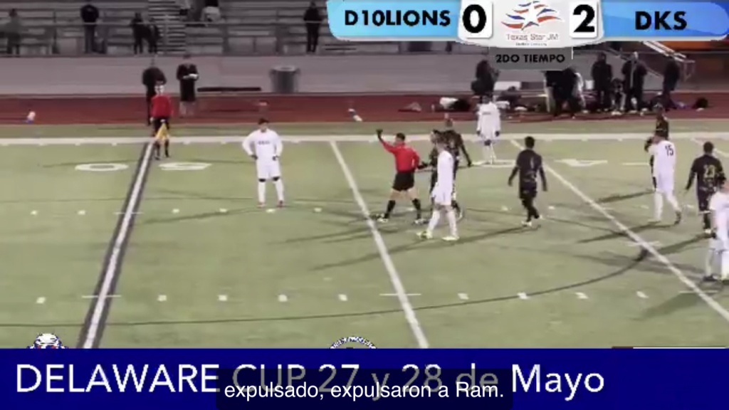 A screen shot of the live stream of the Open Division Qualifying match for the 2023 US Open Cup between D'Feeters Kicks SC and D10 Lions FC. This was the scene shortly before the match was abruptly ended in the 74th minute.