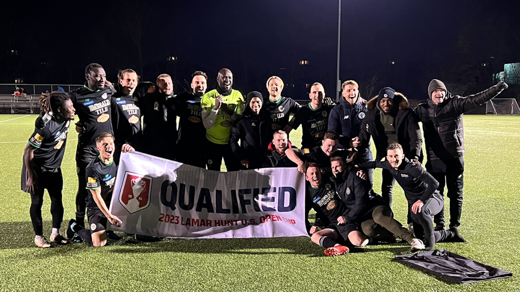 Lansdowne Yonkers FC celebrate after the club's 2-0 win over Vistula Garfield in the 2023 US Open Cup qualifying tournament. Photo: Michael Battista