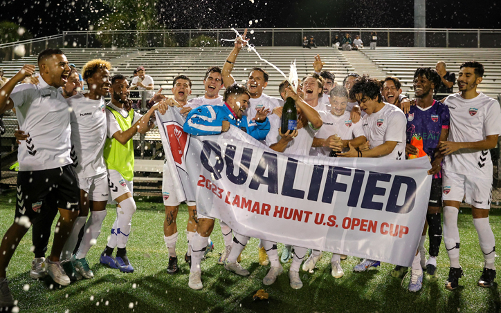 Miami United FC celebrate after beating Naples City 2-1 in the 2023 US Open Cup qualifying tournament. Photo: Miami United FC