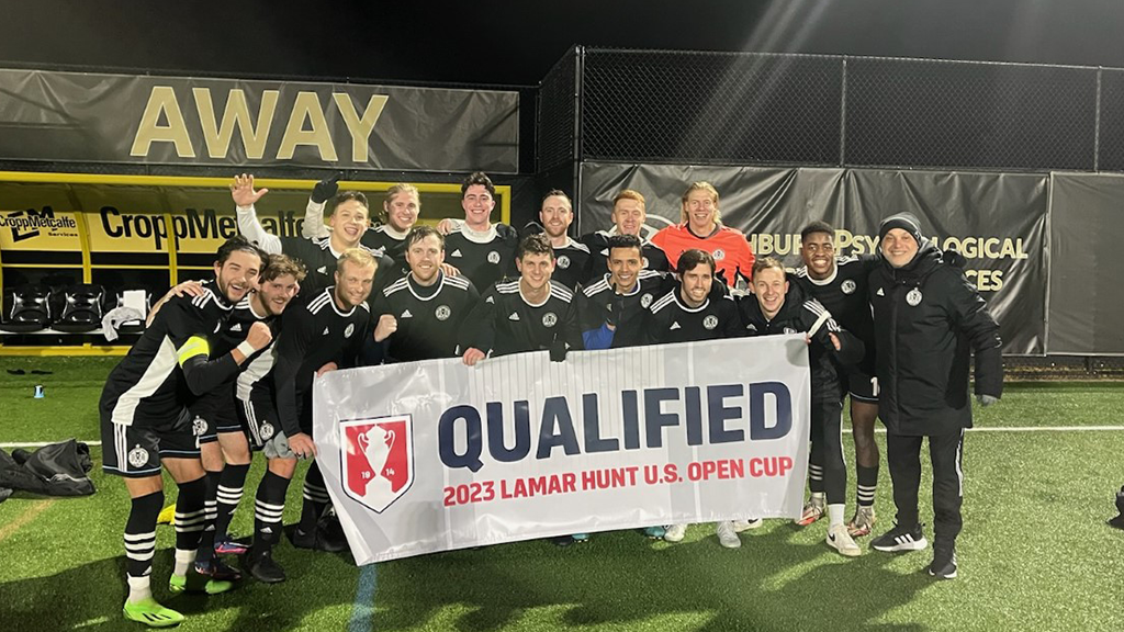 West Chester United celebrates after qualifying for the 2023 US Open Cup with a 2-1 win over NoVa FC. Photo: West Chester United