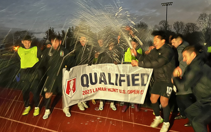 Chicago House AC celebrate after qualifying for the 2023 US Open Cup after beating Brockton FC United 8-7 in a PK shootout. Photo: Liz McQuilkin