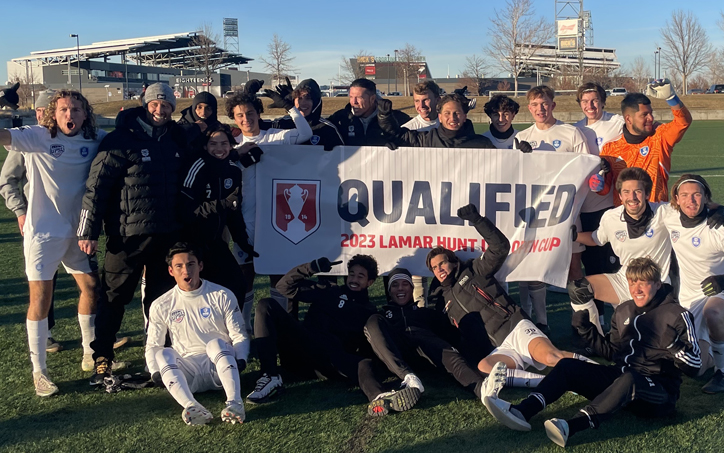 UDA Soccer celebrates after defeating Azteca FC 4-1 (after a 4-4 draw) in a PK shootout to qualify for the 2023 US Open Cup. Photo: Andrew Mosier
