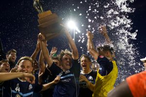 The Ocean City Nor'easters celebrate the club's Mid-Atlantic Division championship after a 2-0 home win over West Chester United on July 10, 2022 at Carey Stadium in Ocean City, N.J. Photo: Jack Verdeur