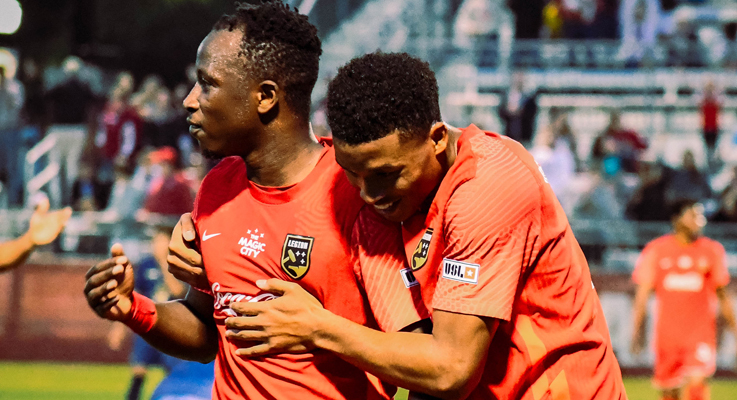 Birmingham Legion players celebrate after scoring a goal against Chattanooga FC in the 2023 US Open Cup. Photo: Jackson O’Bryant