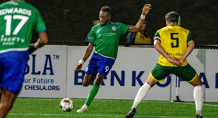 Elvis Amoh of Hartford Athletic strikes the ball in a 2023 US Open Cup match against Lansdowne Yonkers FC. Photo: Hartford Athletic