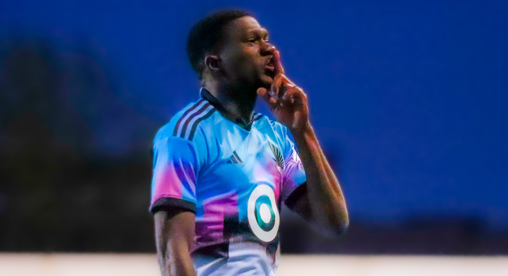 Emmanuel Iwe of Minnesota United FC gestures to the crowd in his club's 2023 US Open Cup match against Detroit City FC. Photo: Minnesota United FC