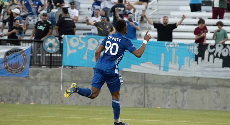 Khori Bennett of the Charlotte Independence celebrates after scoring a penalty kick against Appalachian FC in the 2023 US Open Cup. Photo: Charlotte Independence