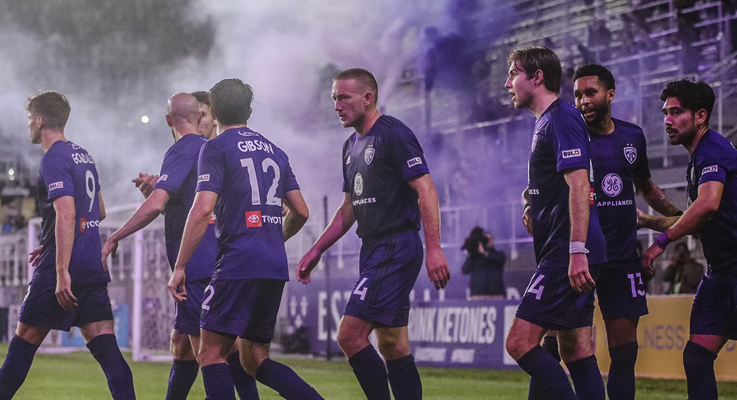 Sean Totsch of Louisville City celebrates with his teammates after scoring a goal against Lexington SC in the 2023 US Open Cup. Photo: Chris Humphrey