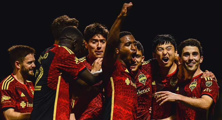Players from the Seattle Sounders celebrate after scoring a goal against San Diego Loyal in the 2023 US Open Cup. Photo: Seattle Sounders FC