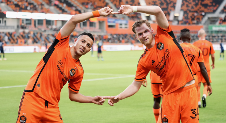 Thor Ulfarsson and Sebastian Ferreira of the Houston Dynamo celebrate after Ulfarsson's goal against Sporting KC in the 2023 US Open Cup. Photo: Houston Dynamo
