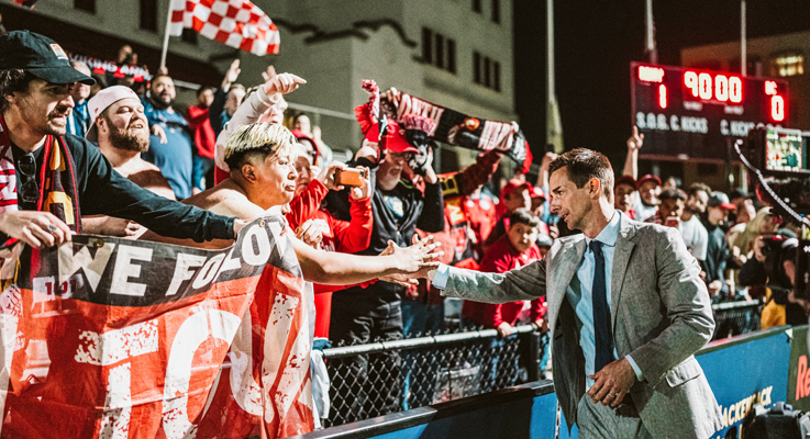 New York Red Bulls head coach Troy Lesnesne greets fans after his club's 1-0 win over DC United in the 2023 US Open Cup. Photo: New York Red Bulls