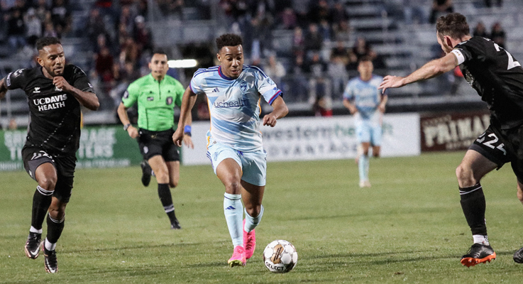 Jonathan Lewis of the Colorado Rapids dribbles the ball against the Sacramento Republic FC in the 2023 US Open Cup. Photo: Colorado Rapids