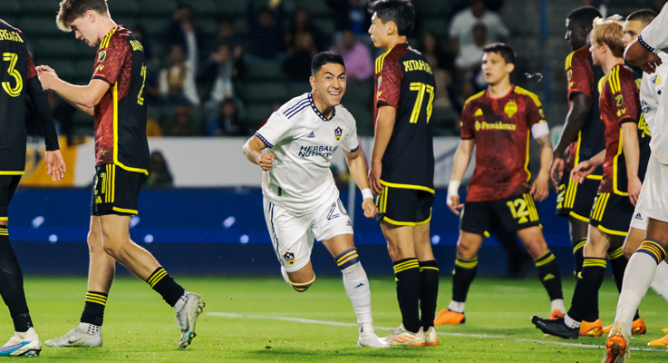 Memo Rodriguez of LA Galaxy celebrates after scoring a goal against the Seattle Sounders FC in the 2023 US Open Cup. Photo: LA Galaxy