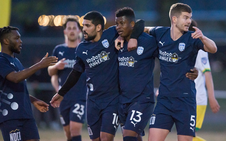 Players from the Northern Colorado Hailstorm celebrate after scoring a goal against Tulsa Athletic in the First Round of the 2024 US Open Cup. Photo: US Soccer