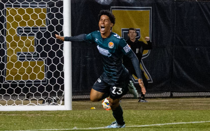 Josuha Rodriguez of the Carolina Core celebrates after scoring a goal against Northern Virginia FC in the First Round of the 2024 US Open Cup. Photo: Caleb Livengood