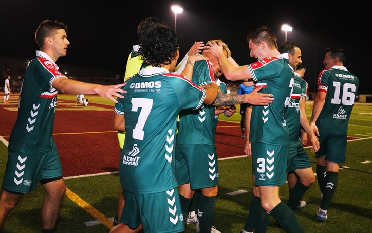 Players from the Des Moines Menace celebrate after scoring a goal against Capo FC in the First Round of the 2024 US Open Cup. Photo: Des Moines Menace
