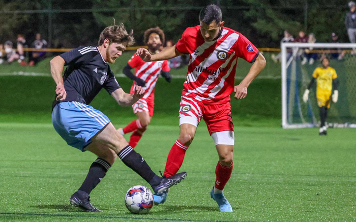 Players from the Maryland Bobcats FC (red) and West Chester United battle for the ball in their First Round match in the 2024 US Open Cup. Photo: Don Robson | DonRobson.com