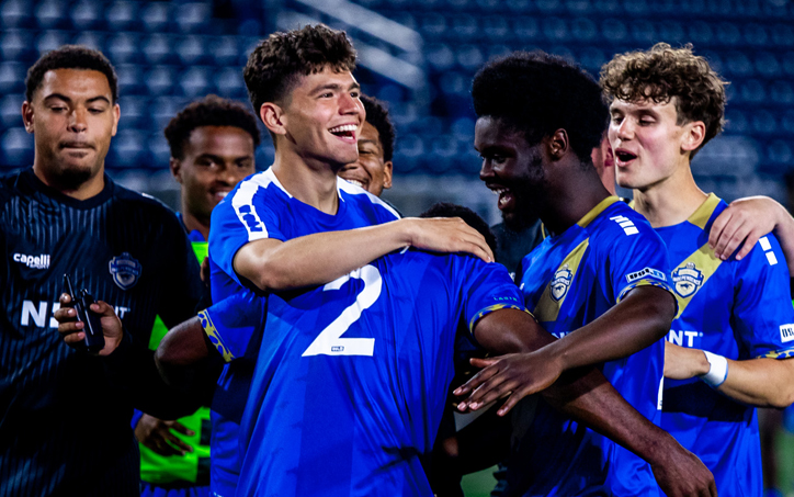Charlotte Independence players celebrate after a penalty kick win over South Carolina United in the Second Round of the 2024 US Open Cup. Photo: Photos by Laura Stroud