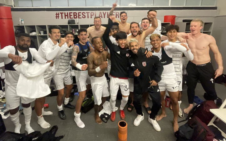 Chattanooga Red Wolves players celebrate in the locker room after a 1-0 road win over Apotheos FC in the Second Round of the 2024 US Open Cup. Photo: Chattanooga Red Wolves SC