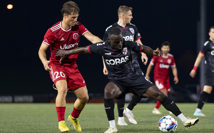 Players from Loudoun United (right) and the Richmond Kickers battle for the ball in a Third Round match in the 2024 US Open Cup. Photo: Justin Nunez