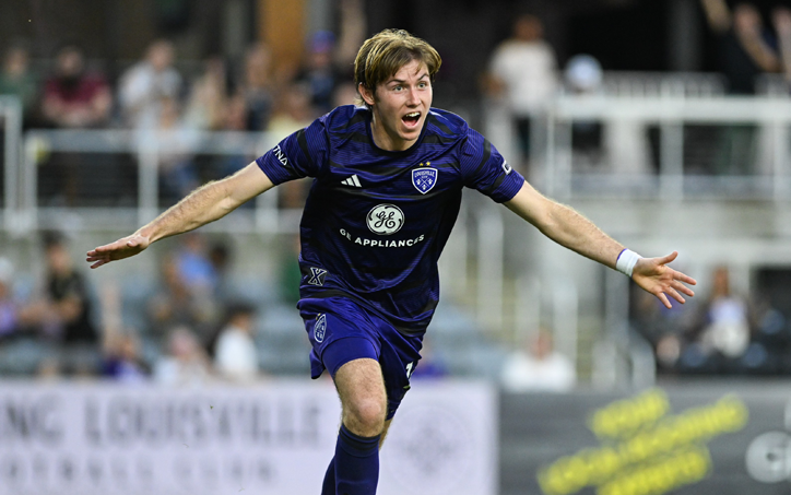 Wilson Harris of Louisville City FC celebrates after scoring a goal against Greenville Triumph in the Third Round of the 2024 US Open Cup. Photo: Connor Cunningham - Louisville City FC