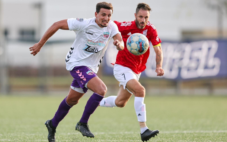 Players from Miami United FC (left) and Club de Lyon battle for the ball in the Second Round of the 2024 US Open Cup. Photo: Kelly Gavin Photography