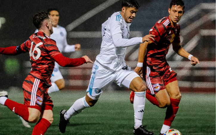 Players from NYCFC II and New York Red Bulls II battle for the ball in a Second Round match in the 2024 US Open Cup. Photo: NYCFC II