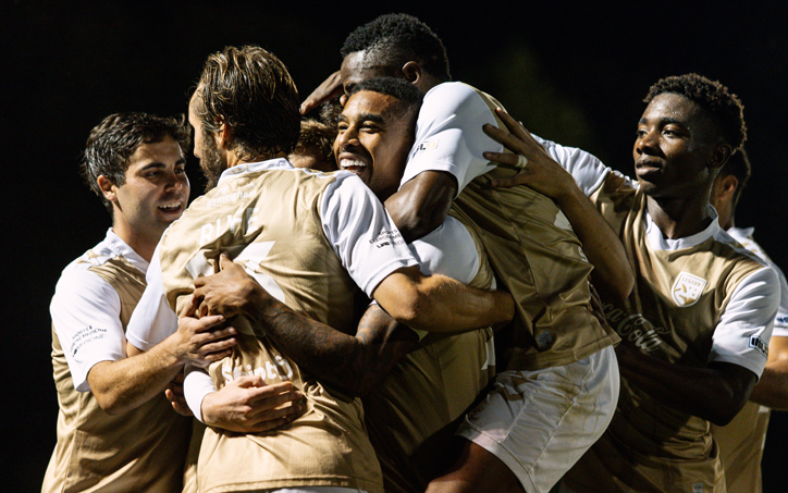 Stefano Pinho of Birmingham Legion FC celebrates with his teammates after scoring a goal against the Chattanooga Red Wolves in the Third Round of the 2024 US Open Cup. Photo: Madeline Oliver