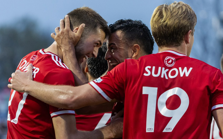 Richmond Kickers players celebrate after scoring a goal against the Maryland Bobcats in the Second Round of the 2024 US Open Cup. Photo: Jessica Stone Hendricks - Jessicastonehendricks.com