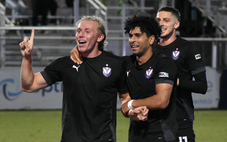 South Georgia Tormenta FC players celebrate after scoring a goal against the Savannah Clovers in the Second Round of the 2024 US Open Cup. Photo: Holt Wimberly | TheCup.us