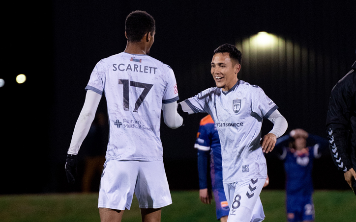 Louis "Chapa" Herrera (right) of Greenville Triumph SC celebrates with Zion Scarlett after scoring a goal against One Knoxville SC in the Second Round of the 2024 US Open Cup. Photo: One Knoxville SC