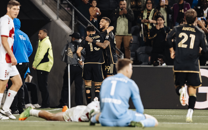 Los Angeles FC players celebrate after scoring a goal against Loudoun United in the Round of 16 of the 2024 US Open Cup. Photo: LAFC