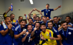 Members of the New York Pancyprian-Freedoms celebrate after winning the 2024 National Amateur Cup in DeKalb, Illinois. Credit: US Adult Soccer Association