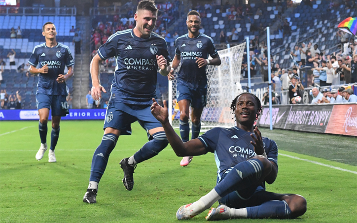 Dany Rosero of Sporting KC celebrates with his teammates after scoring a goal against Indy Eleven in the Semifinals of the 2024 US Open Cup. Photo: Sporting KC