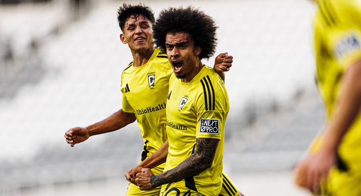 Players from Columbus Crew 2 celebrate after scoring a goal against the New York Renegades in the First Round of the 2025 US Open Cup. Photo: Columbus Crew 2