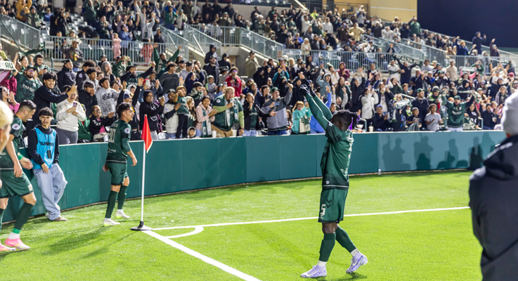 Alassane Maboumou of AV ALTA FC salutes the crowd at his club match against the Oakland Roots in the Third Round of the 2025 US Open Cup. Photo: AV ALTA FC