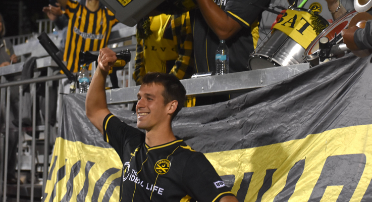 MD Myers celebrates with Charleston Battery fans after scoring a hat trick inn a 4-0 win over South Georgia Tormenta FC in the Third Round of the 2025 US Open Cup. Photo: Wade Wimberly - TheCup.us