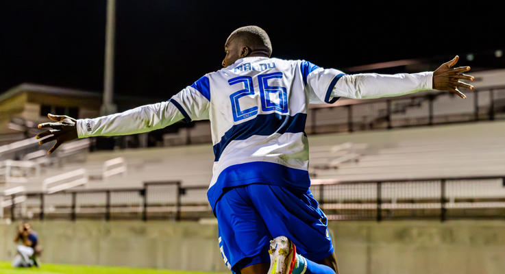 Souaibou Marou of the Charlotte Independence celebrates after scoring a goal against Carolina Core FC in the Second Round of the 2025 US Open Cup. Photo: Charlotte Independence
