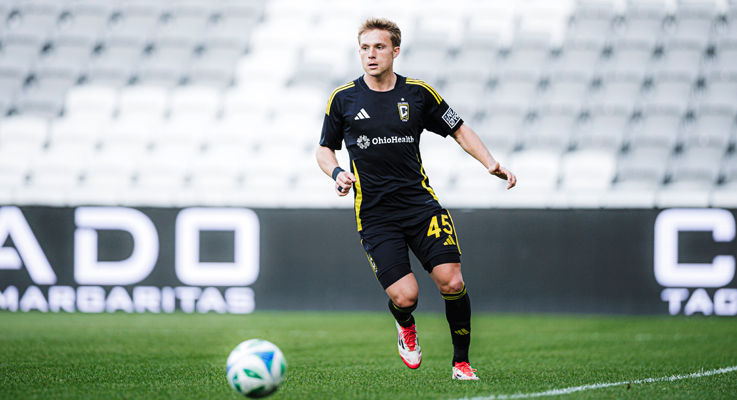 Owen Presthus of Columbus Crew 2 dribbles the ball against Lexington Sporting Club in the Second Round of the 2025 US Open Cup. Photo: Columbus Crew 2