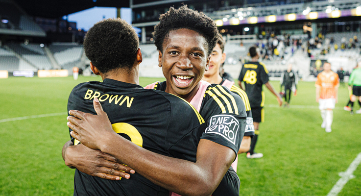 Prince Forfor of Columbus Crew 2 celebrates after defeating Lexington Sporting Club 3-0 in the Second Round of the 2025 US Open Cup. Photo: Columbus Crew 2