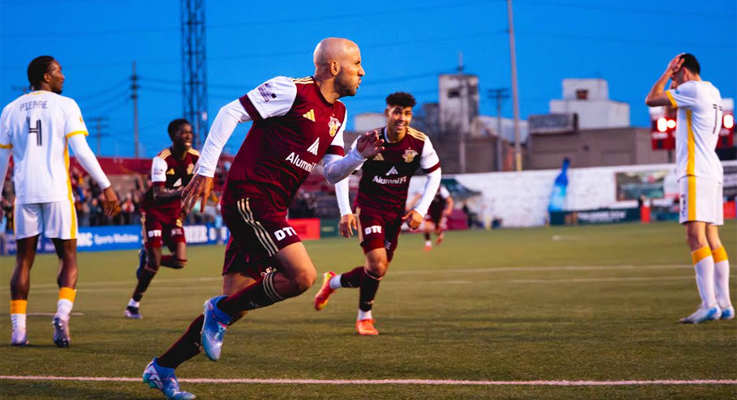 Detroit City FC players celebrate after scoring a goal against Westchester SC in the Third Round of the 2025 US Open Cup. Photo: Detroit City FC