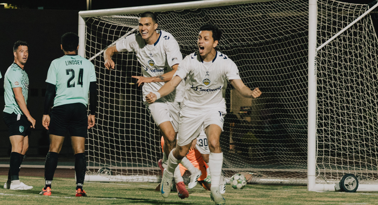 Players from El Paso Locomotive FC celebrate after scoring a goal against New Mexico United in the Third Round of the 2025 US Open Cup. Photo: Angel Ramos - El Paso Locomotive FC